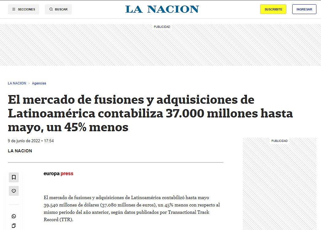 El mercado de fusiones y adquisiciones de Latinoamrica contabiliza 37.000 millones hasta mayo, un 45% menos